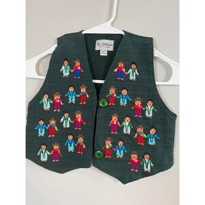De Colores Kids Vintage Embroidered People Vest Green Cotton Guatemala Medium